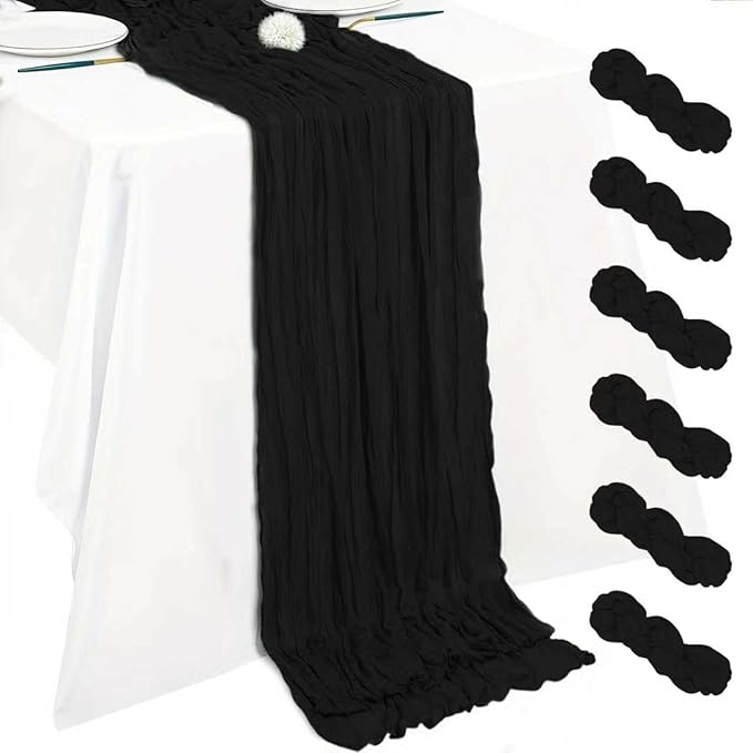 Cheesecloth Table Runner 10ft Rustic Gauze Cheese Cloth 35 x 120 Inches Long for Christmas Wedding Bridal Baby Shower Birthday Table Decorations (Black, 6 Pack-10FT)