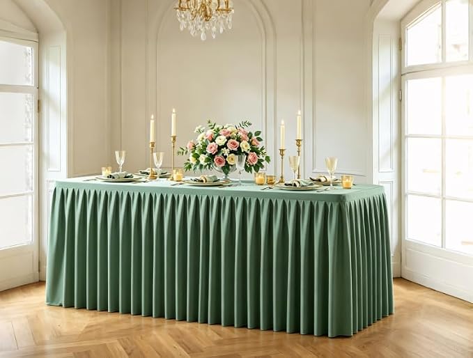 Sage Green Polyester Table Cloths for Rectangle 4 Foot Tables, 2 Pack Wrinkle Free Tablecloths Stretchy Banquet Ruffle Fitted Table Cover Desk Skirt for Parties Wedding Birthday Baby Shower