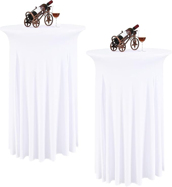 2 Packs Round Cocktail Table Skirt 32"x 43" Spandex Stretch Cocktail Tablecloth with Wavy Drapes, White Spandex Fitted High Top Table Covers for Wedding Party Birthday Banquet Bar