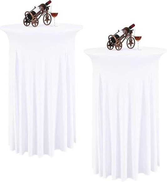 2 Packs Round Cocktail Table Skirt 32"x 43" Spandex Stretch Cocktail Tablecloth with Wavy Drapes, White Spandex Fitted High Top Table Covers for Wedding Party Birthday Banquet Bar