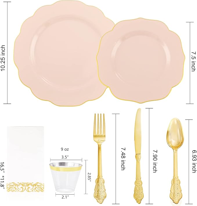 NOCCUR 175PCS Pink Plates with Gold Disposable Silverware - Include 50 Pink Plastic Plates,25 Knives,25 Forks,25 Spoons,25 Cups and 25 Napkins - Ideal for Party/Wedding/Mother's Day
