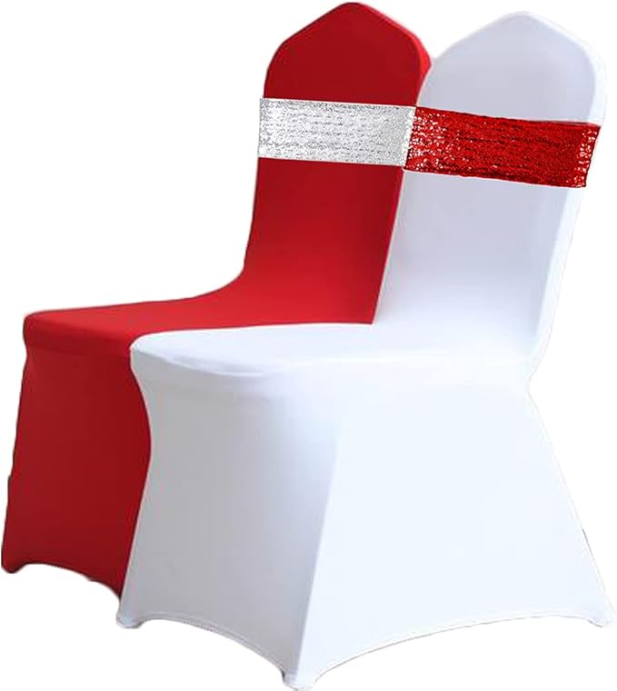 Eternal Beauty Pack of 30 Red Sequin Chair Sash Bands Bows Chair Sashes for Wedding Cover Decorations