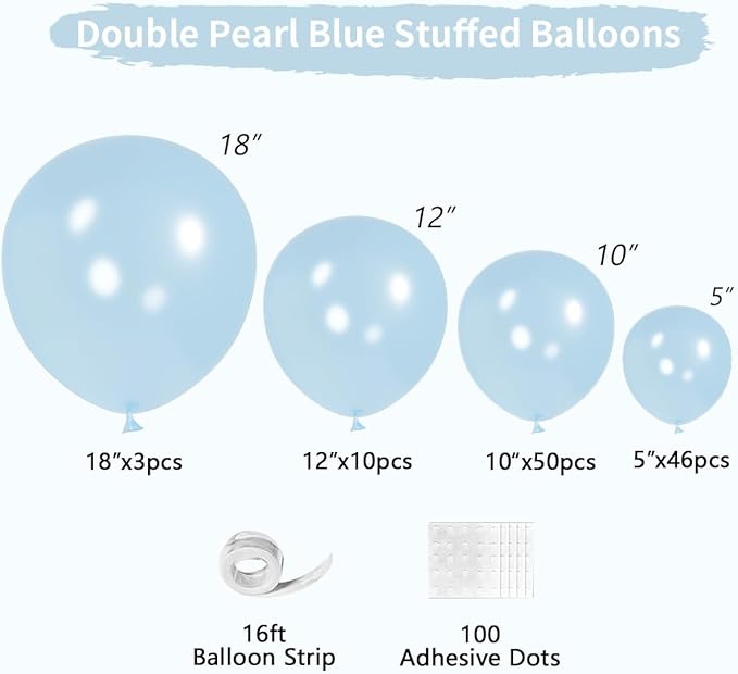 Double Pearl Blue Stuffed Balloons Different Size 115Pcs 5/10/12/18" Light Blue Balloon Arch Kit for Birthday Baby Shower Bridal Shower Engagement Ocean Under the Sea Frozen Theme Party