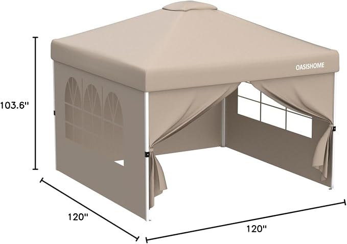 OASISHOME Pop-up Gazebo Instant Portable Canopy Tent 10'x10', with 4 Sidewalls, Windows, Wheeled Bag, for Patio/Outdoor/Wedding Parties and Events (10FTx10FT, Khaki)