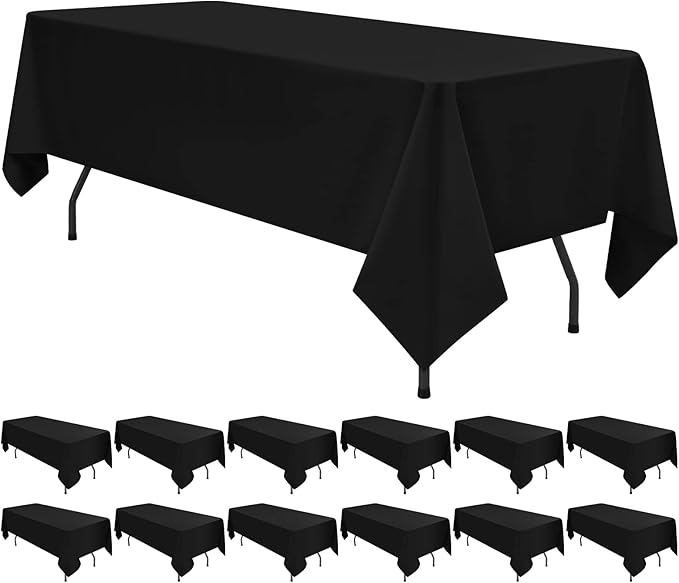 12 Pack Tablecloth 60 x 126 Inch - Black Polyester Table Cloth for 8 Foot Rectangle Tables, Premium Stain and Wrinkle Resistant Washable Fabric Table Cover for Wedding Party Banquet Restaurant
