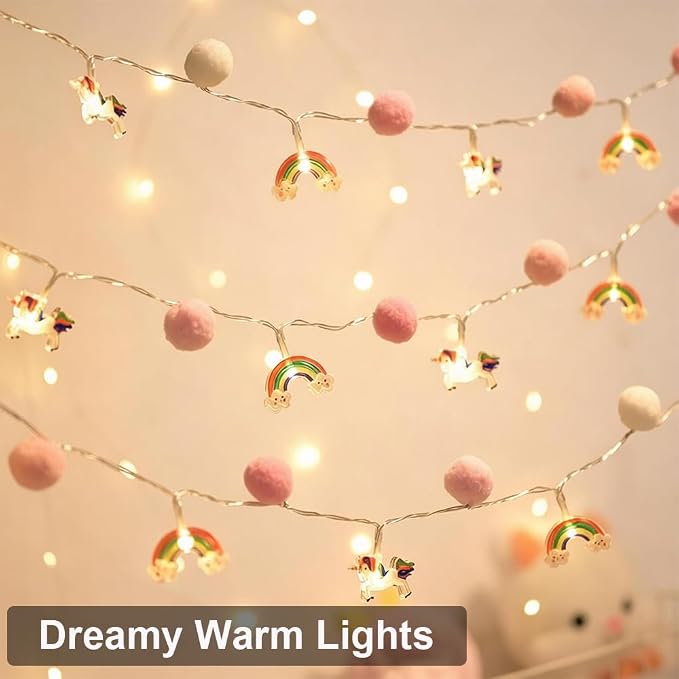 9.85 Feet Pom Pom Unicorn Rainbow String Lights, Auto Timer & 8 Flash Modes, 20 LED Battery Operated Fairy Lights for Kids Bedroom Play Tent Girls Birthday Baby Shower Holiday Christmas Decoration