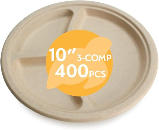 100% Compostable Disposable Paper Plates Bulk [10" 3-Comp 400 Pack], Bamboo Plates, Eco Friendly, Biodegradable, Sturdy Large Dinner Party Plates, Heavy-Duty, Unbleached by Earth's Natural Alternative