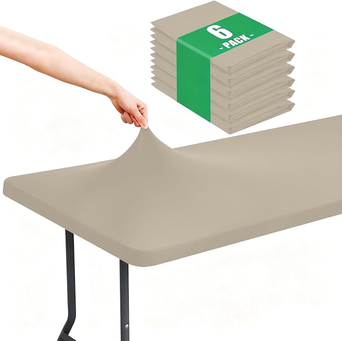 Moosfor Spandex 4 Foot Rectangle Table Cloth 6 Pack, Elastic Fitted Tablecloths for Picnic, Stretch Washable Patio Table Cover for Outdoor, Camping, Banquet and Parties (Taupe, 30"x48")