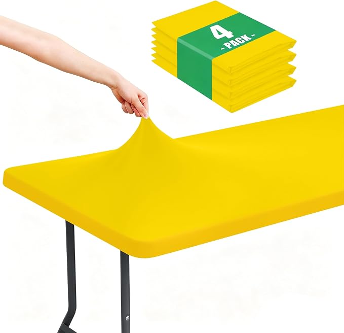 Moosfor Spandex 5 Foot Rectangle Table Cloth 4 Pack, Elastic Fitted Tablecloths for Picnic, Stretch Washable Patio Table Cover for Outdoor, Camping, Banquet and Parties (Yellow, 30"x60")