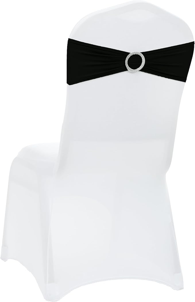 VDS - Black | Spandex Chair Sashes Bows | 50 PCS | Stretch Elastic Banquet Universal Folding Chair Band Tie with Silver Buckle Slider for Wedding Party Conference Celebration Event Decoration