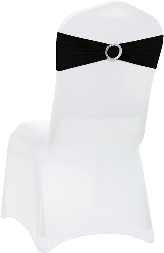 VDS - Black | Spandex Chair Sashes Bows | 100 PCS | Stretch Elastic Banquet Universal Folding Chair Band Tie with Silver Buckle Slider for Wedding Party Conference Celebration Event Decoration