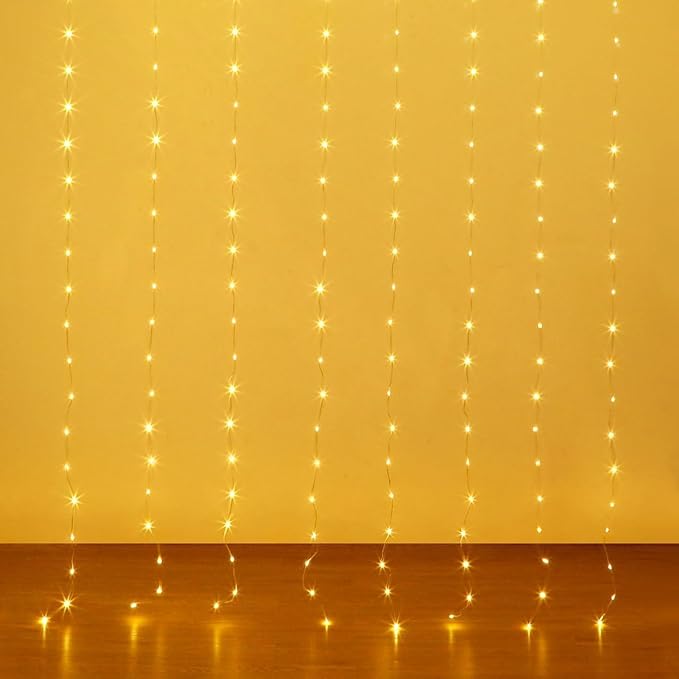 Fairy Curtain Lights 8ft x 6ft, 144 Warm White LED Twinkle Lights | USB Powered & Battery Box Operated Curtain String Lights Remote,Timer,Dimmable for Bedroom Wall Wedding Party Christmas Decor