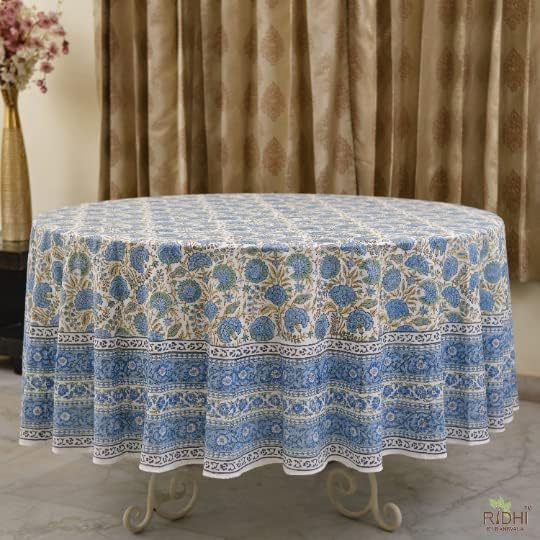 Ridhi Round Tablecloth Hand Block Print 100% Cotton Reusable Asparagus Green 132 Inch Table Cover Decorative Everyday Use for Dining, Home, Party, Wedding, Farmhouse Gift for Spring, Mother's Day
