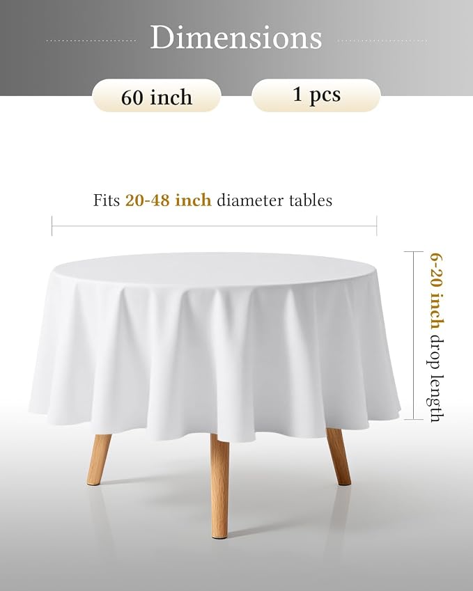 BESTVIP 60 Inch White Washable Round Polyester Fabric Tablecloths | Fits 20"-48" Tables |Decorative Fabric Table Cover for Dining Tables, Restaurant, Parties, Banquet, Events, Holiday