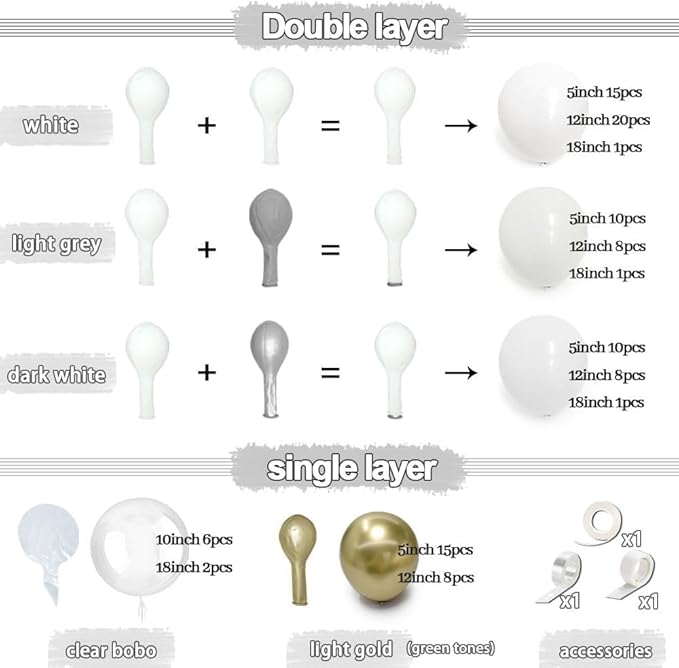Double Stuffed White Balloon Arch with Clear Bobo, Double Stuffed Light Grey Different White Gold Balloon Garland Kit for Bridal Wedding Engagement Birthday Christmas Valentines Party Decoration