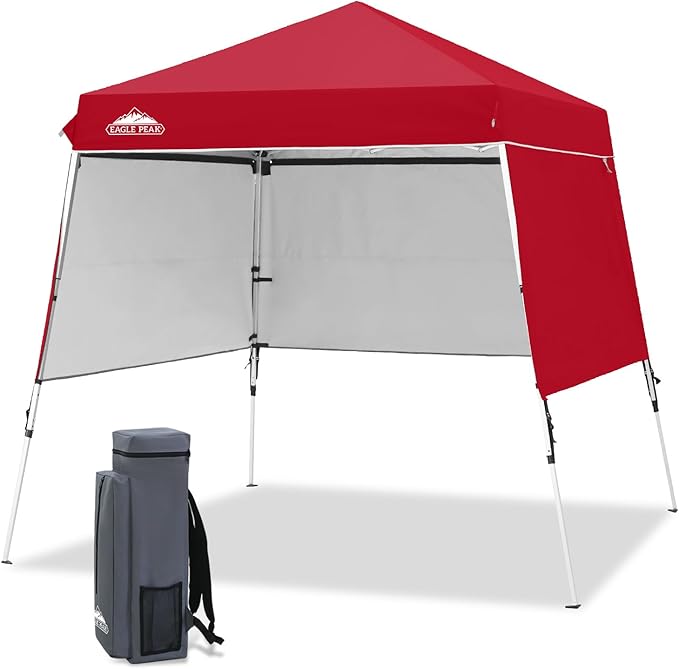 EAGLE PEAK Day Tripper 8x8 Aluminum Super-Lightweight Slant Leg Pop Up Canopy with 3 Removable Walls, Instant Outdoor Backpack Canopy Tent, Outside Beach Folding Sun Shelter, 8x8 Base 6x6 Top, Red
