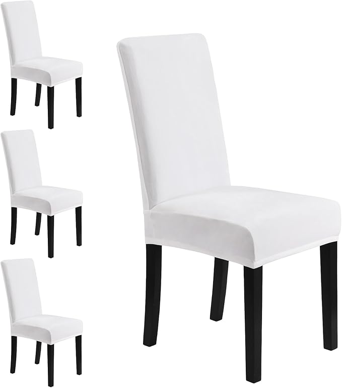 MOSAYT Velvet Stretch Chair Covers for Dining Room Set of 4 - Soft Slipcovers with Thick Removable Fabric for Parsons Chairs, Washable Seat Protectors for Kitchen, Banquet & Home Decor, White