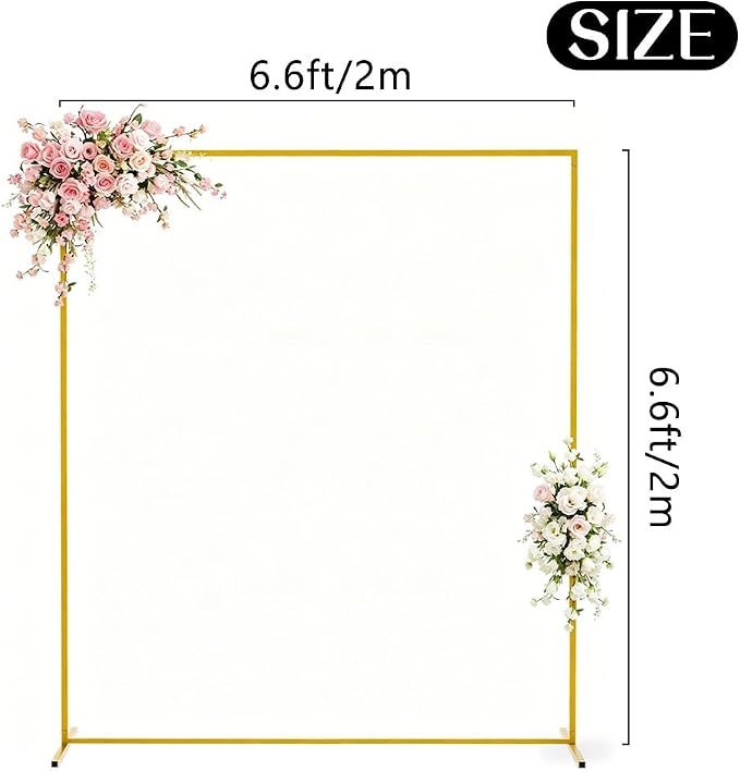 Square Metal Arch Backdrop Stand and Cover Set 6.6x6.6FT Gold Arch Frame with White Cover for Birthday Party Wedding Ceremony Baby Shower Graduation Event Decoration