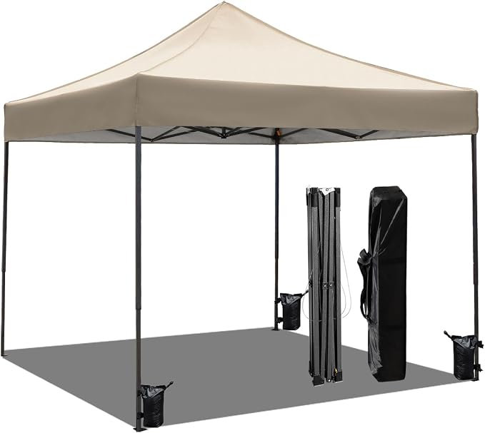 10x10 Heavy Duty Canopy Pop Up Commercial Canopy Tent, Vendor Tent with 400D Oxford Fabric for Camping Outdoor Events Parties Weddings, UPF 50+ Waterproof (Khaki)