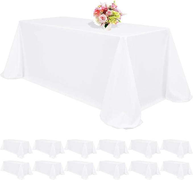 12 Pack White Tablecloths for 8ft Rectangle Tables 90 x 156 Inch - Polyester Table Cover Stain and Wrinkle Resistant Washable Fabric Table Clothes for Wedding Party Banquet Reception Restaurant
