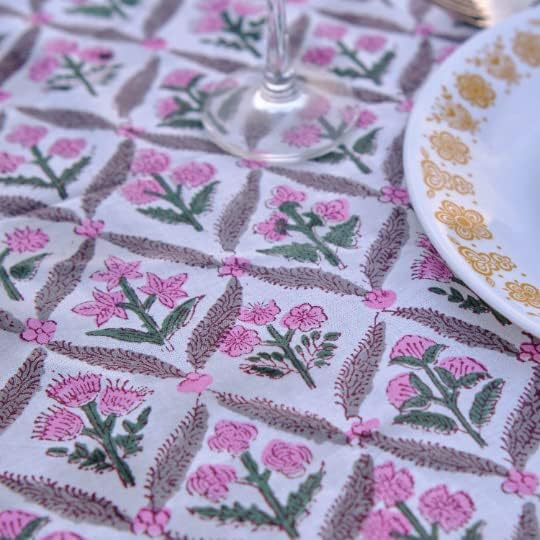 Ridhi Round Tablecloth Hand Block Print 100% Cotton Reusable Pink and White 110 Inch Table Cover Decorative Everyday Use for Dining, Home, Party, Wedding, Farmhouse Gift for Spring, Mother's Day