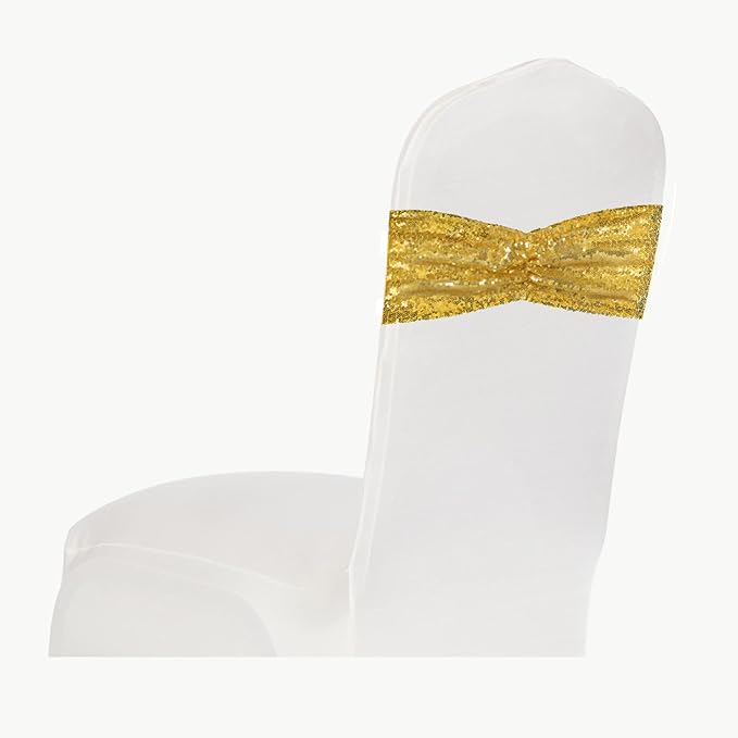 SquarePie Sequin Chair Sashes 30 Pack - Gold Decorative Sashes Bands for Wedding Party Decoration, Seuqin Fabric Bow for Banquet Reception Chairs