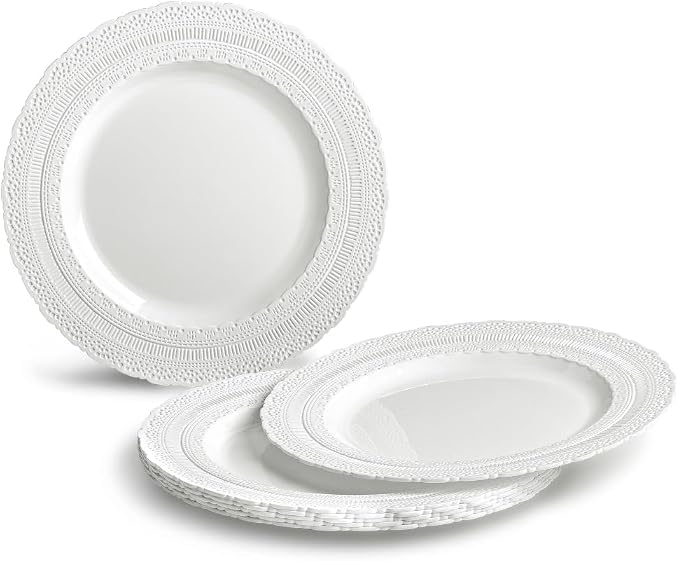 OCCASIONS 120 Guests Heavy Duty Disposable Plastic Plates Set – 240 Piece Premium Reusable Dinner & Salad Plates, Elegant Fancy Party Plates for Weddings, Events, Parties – Chateau White Collection