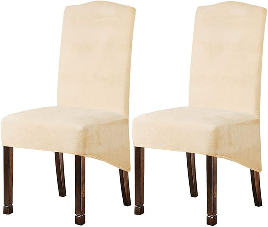 Velvet Plush XL Dining Chair Covers, Stretch Chaircover, Spandex High Chairs Protector Covers Seat Slipcover with Elastic Band for Dining Chairs (Cream Yellow, Set of 2)