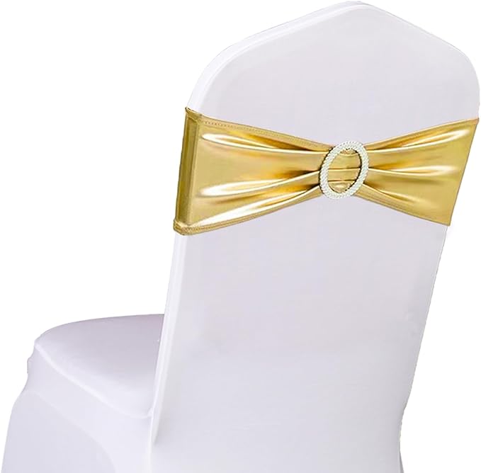 Wedding Spandex Metallic Gold Chair Sashes 100 Pack Chair Bands with Buckle Bronzing Gold Chairs Bows for Party Birthday Bridal Shower Engagement Anniversary Christmas Event Decorations