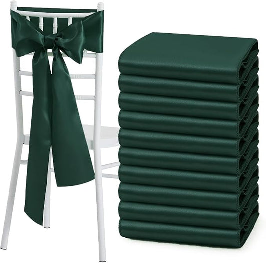10 Pcs Blackish Green Satin Chair Sashes Bows Universal Chair Cover for Wedding Reception Events Banquets Party, Hotel Event Decorations, 6 x 108 inch