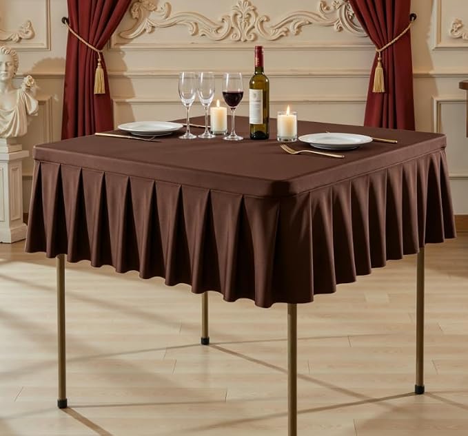 Shillance 48x48 Inch Chocolate Spandex Square Tablecloth, Wrinkle Free Chocolate Fitted Table Cloth for Square Tables,Washable Pleated Table Cover for Wedding Birthday Cocktail Party Buffet Dinner