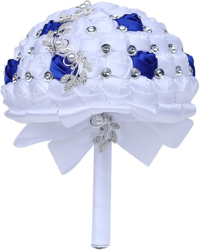 Bridal Wedding Bouquet with Silver Rhinestone Brooch Bouquet for Bride Bridesmaid Quinceanera Satin Rose Flower Bouquet Wedding Royal Blue and White 8.3in