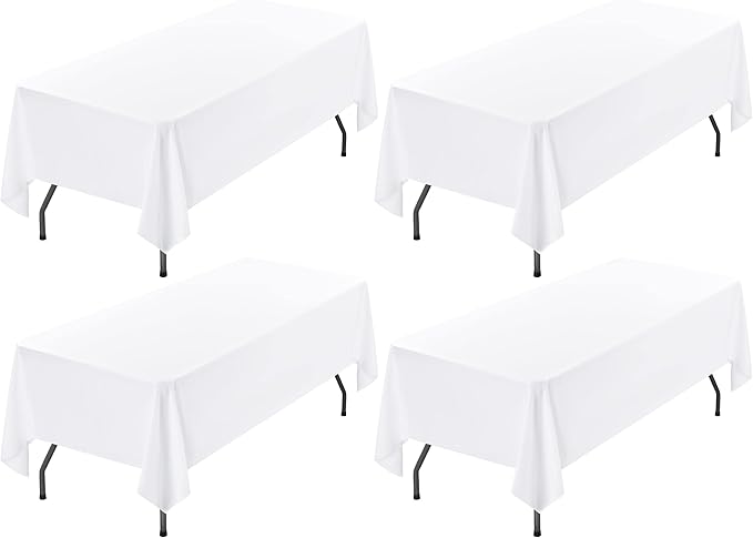 Showgeous 4 Pack White Rectangle Tablecloth, 60 x 102 Inch, Wrinkle Resistant Polyester Table Cover for Wedding, Dining, Parties & Camping