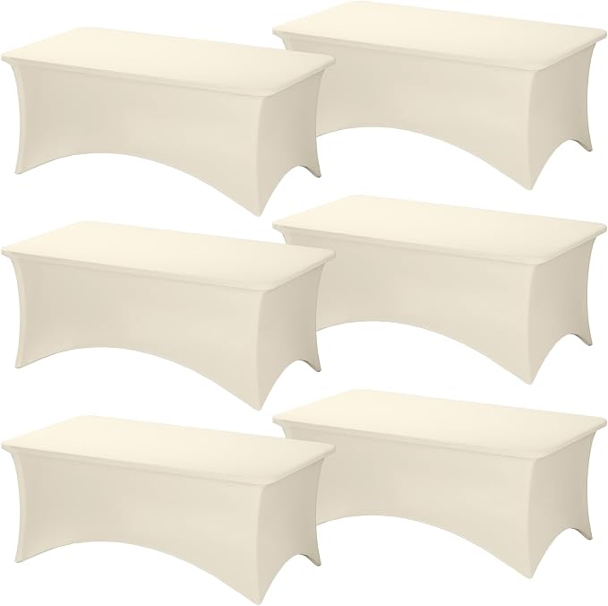 Fixwal 6 Pack 6Ft Ivory Table Cover, Spandex Fitted Tablecloths Rectangle, Wrinkle-Free and Stretch Folding Table Cloth for Banquet, Wedding, Party, Trade Show