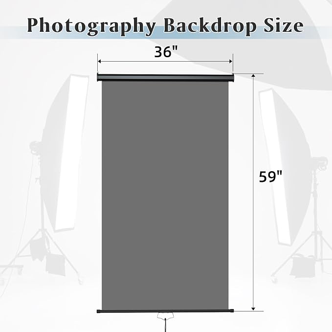 Retractable Gray Photography Backdrop 36" x 59", Portable Roll-Up, Pull-Down Background, Auto-Lock Backdrop Screen for Passport Photo, Product Photography, Headshots, Video Studio