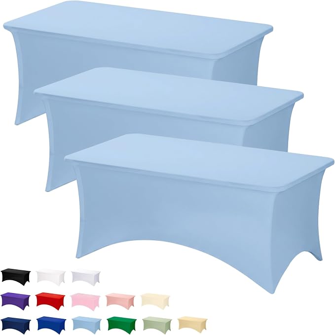 Fixwal 3 Pack Light Blue Tablecloth Rectangle 6Ft, Stretch Spandex Fitted Table Cover for Party, Trade Show, Wedding, Buffet, Graduation, Vendor Stand