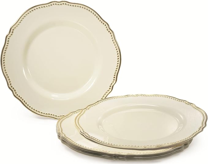 " OCCASIONS " 150pcs set (25 Guests)-Wedding Plastic Plates & cutlery -Disposable heavyweight Dinnerware 10.25'', 7.5'' + Silverware w/double fork (Rochelle Ivory & Gold)