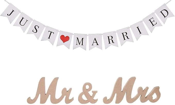 VIOPVERY Mr and Mrs Sign & Just Married Banner,Mr & Mrs Signs for Wedding Table,Large Wooden Letters for Sweetheart Table,Photo Props Wedding decorations for Anniversary,Wood Color