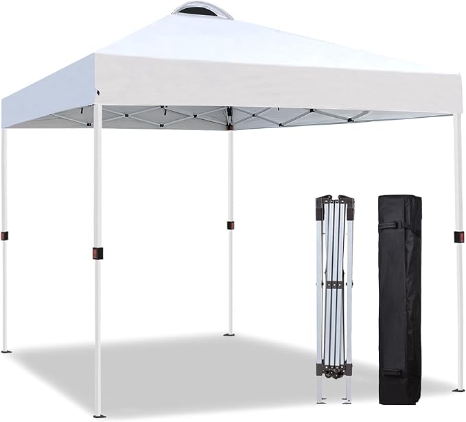 10x10 Pop Up Canopy Tent, Instant Folding Outdoor Shelter with High Strength Steel Frame and Handheld Carry Bag, Ground Stakes and Wind Ropes for Backyard Party, Camping, Beach Events, White