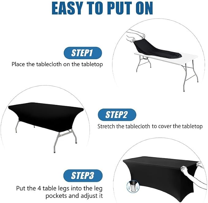 3 Pack 8FT Rectangular Spandex Tablecloth,Wrinkle Resistant Fitted Cover for 96x30 inch Banquet Table Cloth, Washable Stretch Fabric for Party, Events, Wedding, Vendor - Black