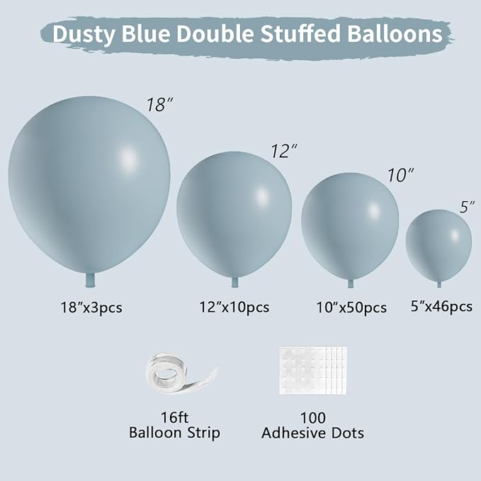 Dusty Blue Double Stuffed Balloons Different Size 115Pcs 5/10/12/18" Slate Dusty Blue Balloons Garland kit for Birthday Baby Shower Bridal Shower Gender Reveal Bear Neutral Theme Party