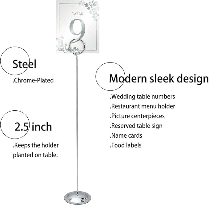 HOHIYA 12 Pack Silver Table Number Holders 12" Wedding Place Card Stands | Modern silver stands display table numbers, menus, photos and event cards for receptions, hotels and business events.