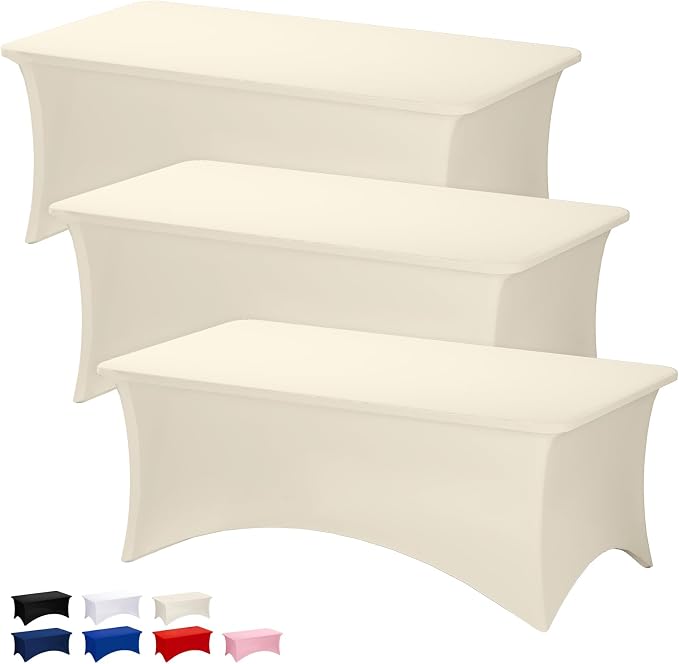 Fixwal 3 Pack Ivory Tablecloth Rectangle 8Ft, Stretch Spandex Fitted Table Cover for Party, Trade Show, Wedding, Buffet, Graduation, Vendor Stand
