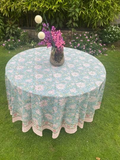 Ridhi Round Tablecloth Hand Block Print 100% Cotton Reusable Turquoise Blue 120 Inch Table Cover Decorative Everyday Use for Dining, Home, Party, Wedding, Farmhouse Gift for Spring, Mother's Day