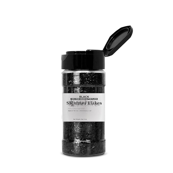 BAKELL Edible Glitter Flakes | Vegan Black Edible Shimmer Flakes | KOSHER Certified | Halal Certified | 100% Edible & Food Grade | Cakes, Cupcakes, Decoration (Black, 45g)