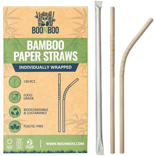 BOONBOO Bamboo Paper Straws, Individually Wrapped, Bendable, PFAS-Free, 200 Counts