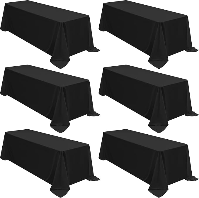 6 Packs Tablecloth 90 x 132 Inch, Black Polyester Table Cloth for 6ft Rectangle Tables, Stain and Wrinkle Resistant Washable Fabric Table Cover for Wedding Banquets Parties Buffet Dining Table