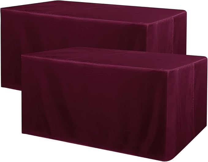 Obstal 2 Pack Fitted Table Covers for 6 Foot Tables - Water Resistant Washable Fabric Polyester Rectangle Table Cover Protector for Wedding, Banquet and Trade Shows, 72L x 30W x 30H Inches, Burgundy