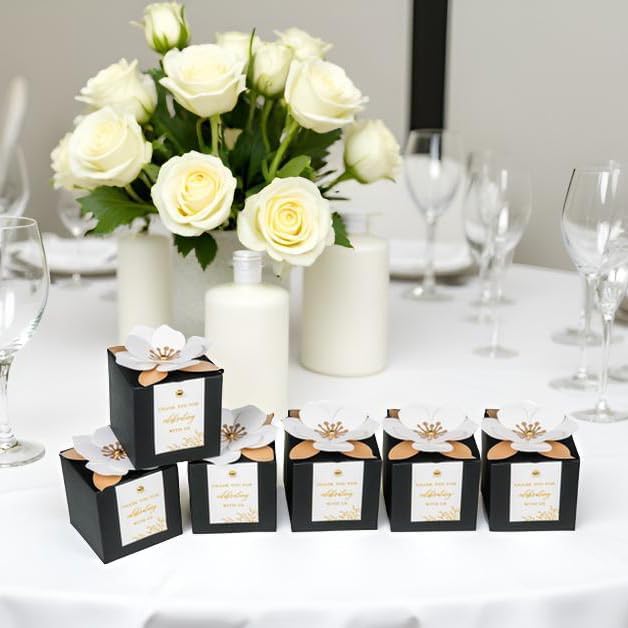 FEIYI 20 PCS Black Gift Boxes, 3 In 1 Favor Boxes with Floral Decor, White Thank You Tags Cupcake Containers Gift wrapping for Wedding, Baby Shower, Birthday, Decorations Party - 3.55x3.55x3.55