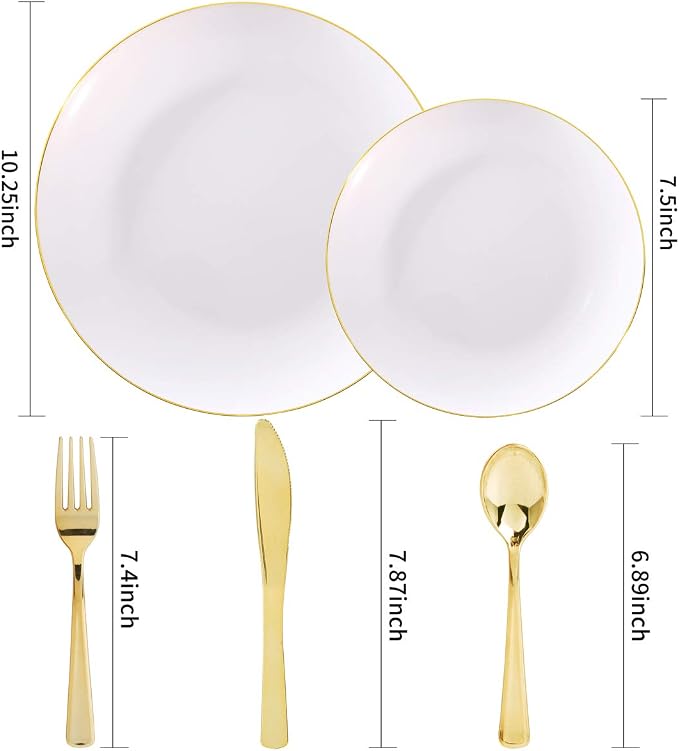 Nervure 125PCS Christmas Plastic Plates - Disposable White and Gold Rim Plates Include 25 Dinner Plate, 25 Salad Plate, 25 Forks, 25 Knives, 25 Spoons for Wedding & Parties & Thanksgiving